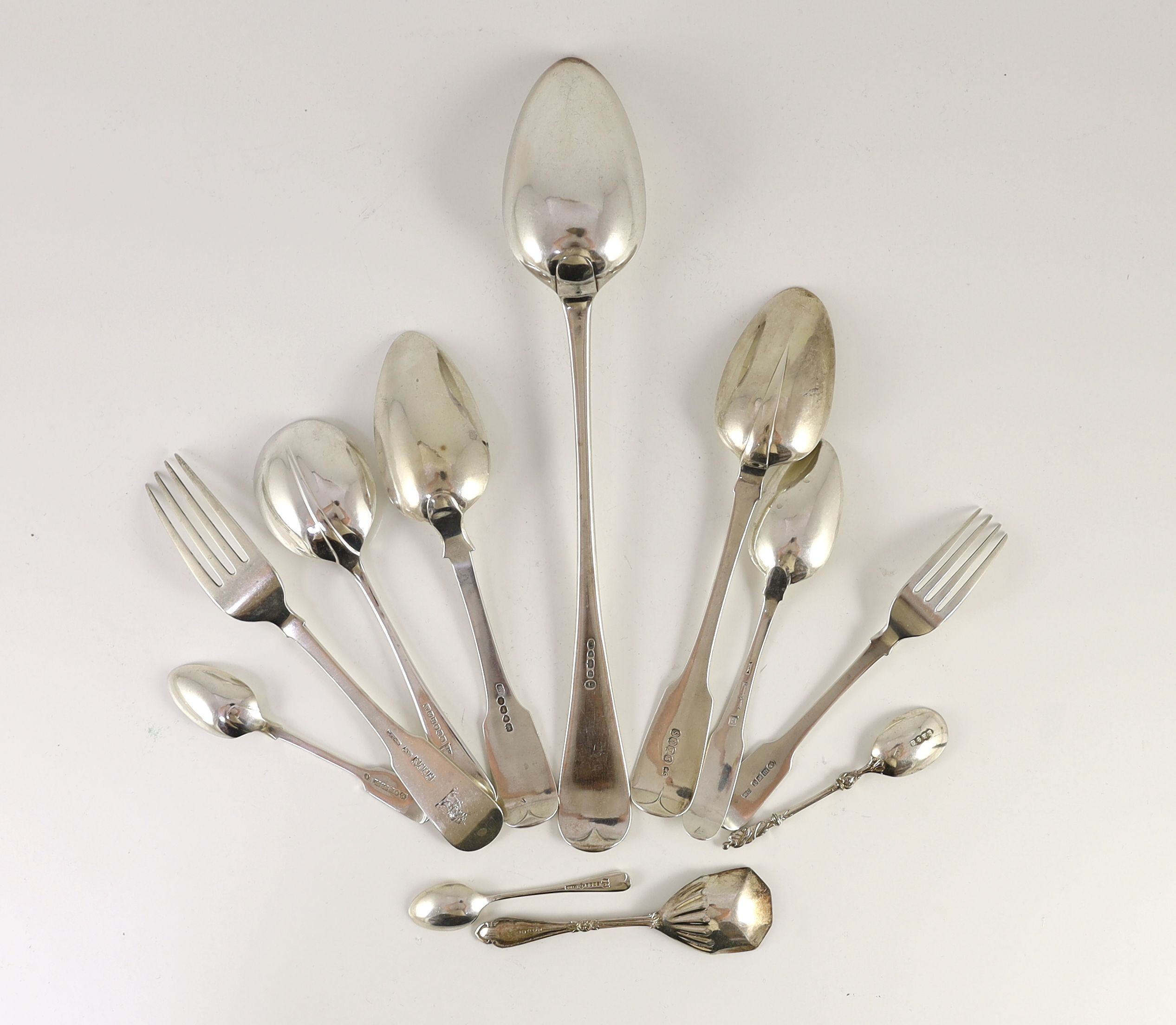 A harlequin canteen of Georgian and later silver and plated mainly fiddle pattern flatware